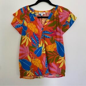 Orange Linen Blend Tropical Print Flutter Sleeve Blouse
